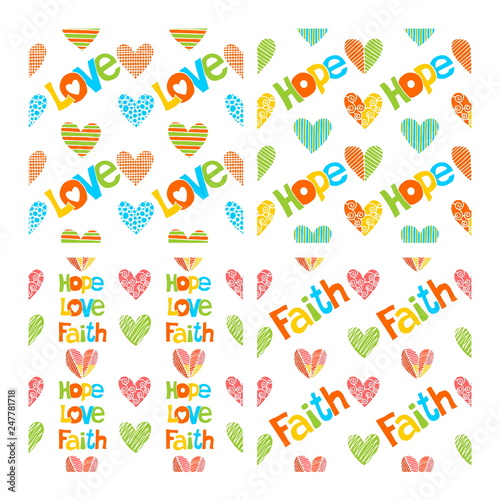 Vector set of hand drawn christian seamless pattern made with ink. Freehand textures for fabric, polygraphy, web design.