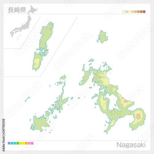 長崎県の地図（等高線・色分け）
