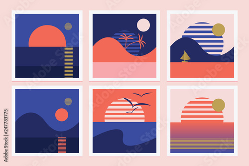 Set of retro illustrations with rising sun and palm trees