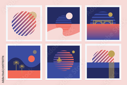 Set of retro illustrations in marine theme with rising sun