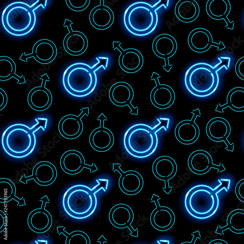 Neon male signs seamless pattern. Blue glowing mars symbols on black background. Man gender concept. Vector 10 EPS illustration.