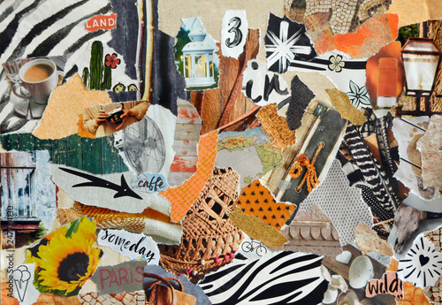 Mood board collage in nature summer style made of teared waste recycling paper results in art