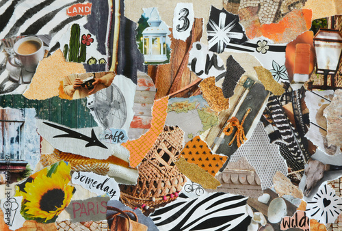 Mood board collage in nature summer style made of teared waste recycling paper results in art photo