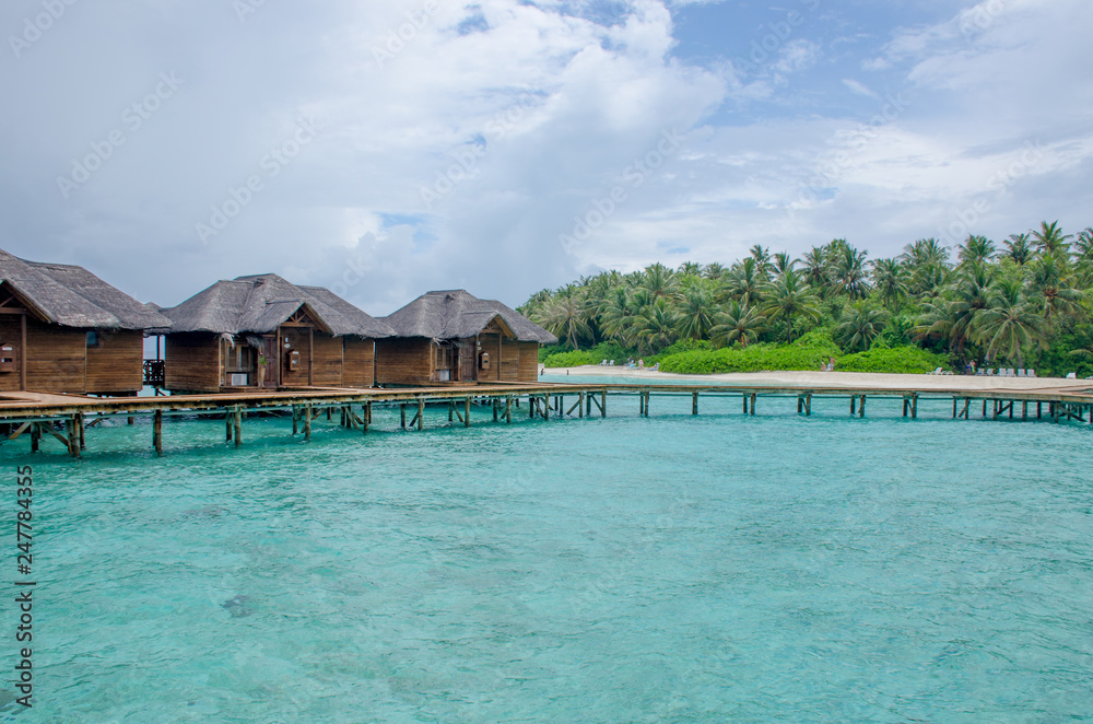 Beautiful landscape of the house on water on the island of Maldives