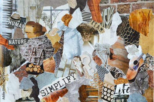 Collage mood board in natural colors made of waste recycle paper results in modern art background photo