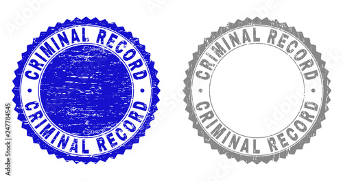 Grunge CRIMINAL RECORD stamps isolated on a white background. Rosette seals with grunge texture in blue and grey colors. Vector rubber stamp imprint of CRIMINAL RECORD text inside round rosette.