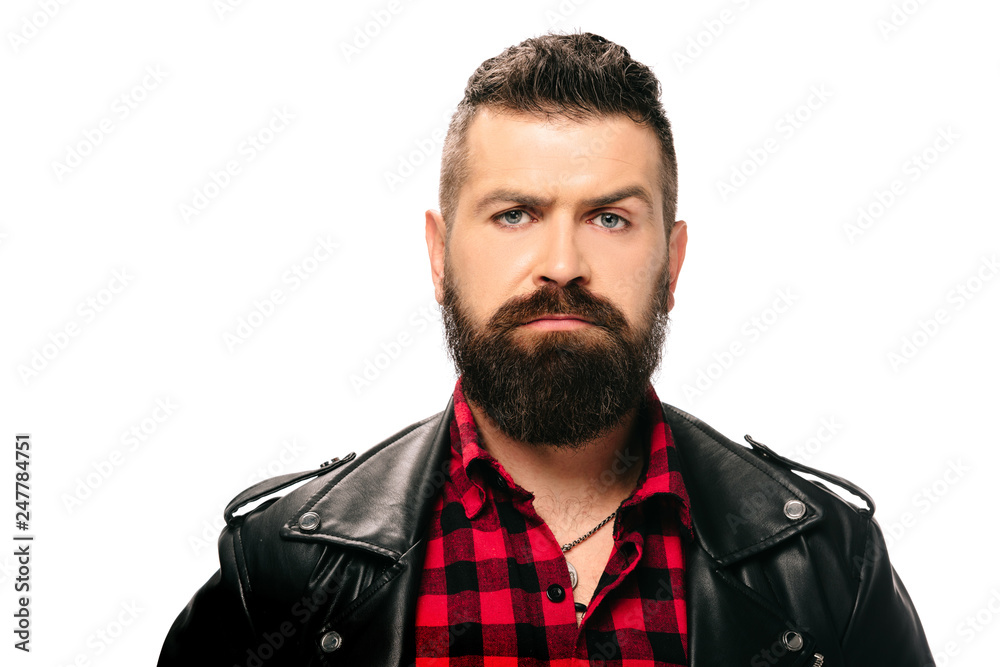 portrait of bearded man in black leather jacket isolated on white portrait of bearded man in black leather jacket isolated on white