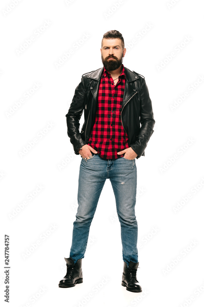 handsome rocker posing in black leather jacket isolated on white handsome rocker posing in black leather jacket isolated on white