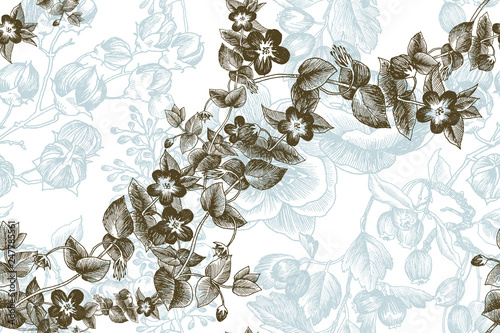 Wild flowers blossom branch seamless pattern. Vintage botanical hand drawn illustration. Vector design. Can use for greeting cards, wedding invitations, patterns for eco product, cosmetics.