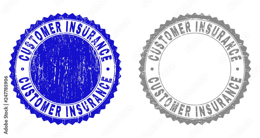 Obraz premium Grunge CUSTOMER INSURANCE stamp seals isolated on a white background. Rosette seals with grunge texture in blue and grey colors.