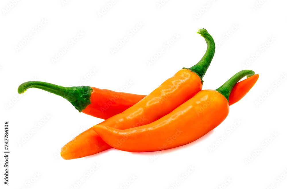 Closeup side view of three yellow chili pepper on white background, raw food ingredient concept. Clipping path - Image. Closeup side view of three yellow chili pepper on white background, raw food ingredient concept. Clipping path - Image.