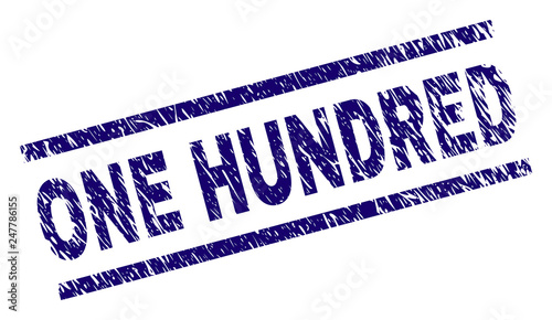 ONE HUNDRED seal print with grunge style. Blue vector rubber print of ONE HUNDRED title with grunge texture. Text caption is placed between parallel lines.