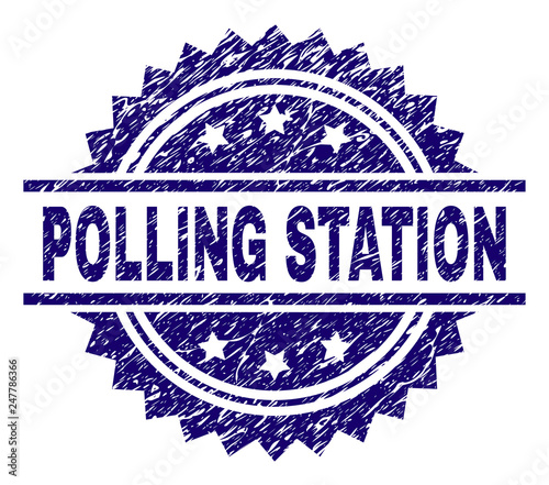 POLLING STATION stamp seal watermark with distress style. Blue vector rubber print of POLLING STATION tag with dust texture.