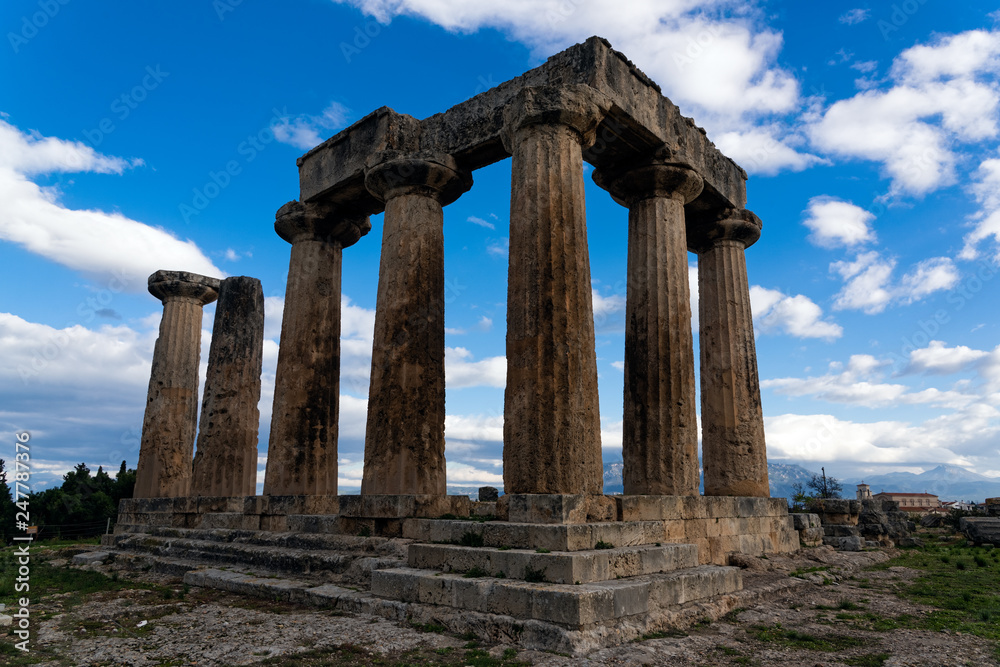 The remains of the Temple of Apollo in the archaeological site of Corinth in Peloponnese, Greece