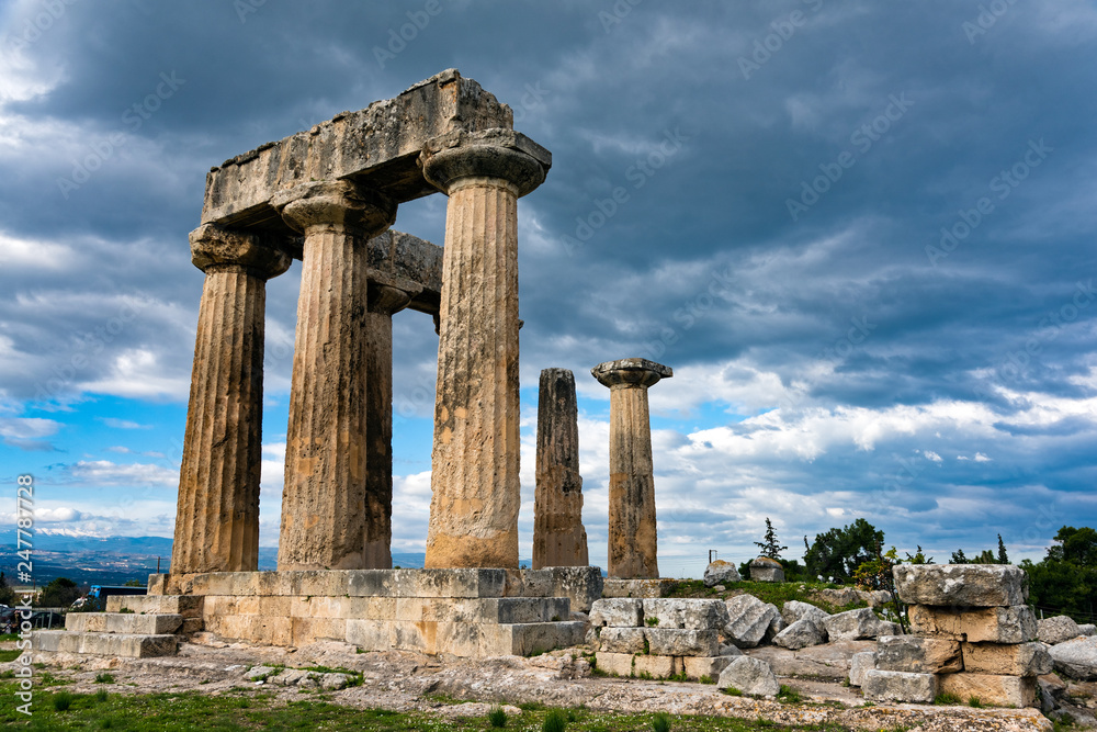 The remains of the Temple of Apollo in the archaeological site of Corinth in Peloponnese, Greece