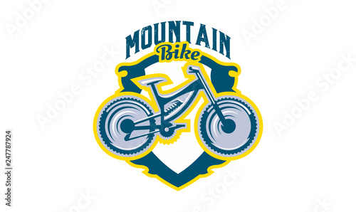 The emblem of the mountain bike. Sport bike logo. Sport bicycle, downhill, mtb, bmx, race, extreme. Vector illustration