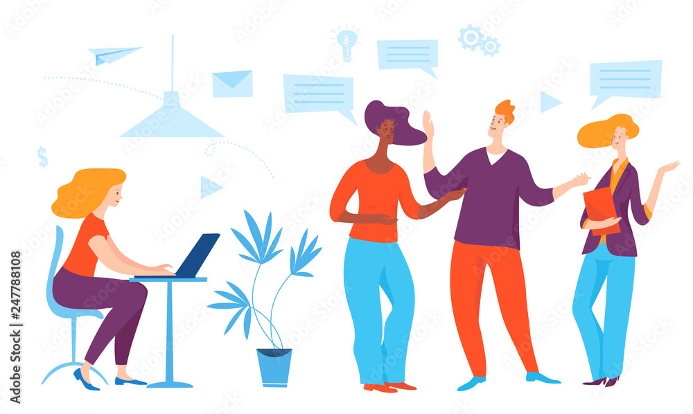 Business process concept art vector illustration. People work and comunicate and think on idea.