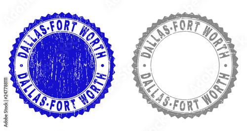 Grunge DALLAS-FORT WORTH stamp seals isolated on a white background. Rosette seals with grunge texture in blue and gray colors.