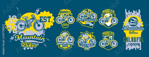 Mountain bike emblem set. Sport bike logo. Sport bicycle, downhill, mtb, bmx, race, extreme. Colorful collection, vector illustration