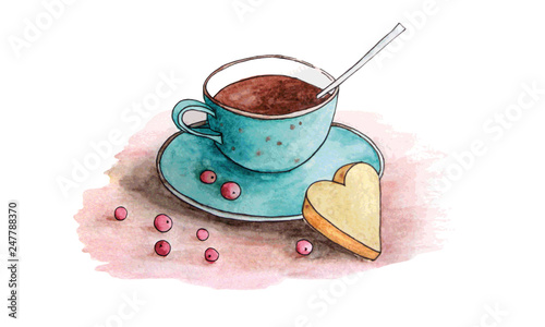 Cup of tee with cookie. Watercolor drawing vector illuctration