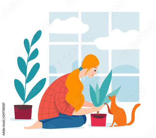 Vector hygge illustration with a woman planting home plants