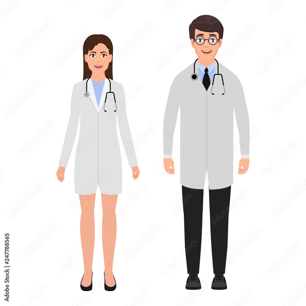 Doctors dressed in medical uniform, man one woman characters in flat style, vector illustration Doctors dressed in medical uniform, man one woman characters in flat style, vector illustration