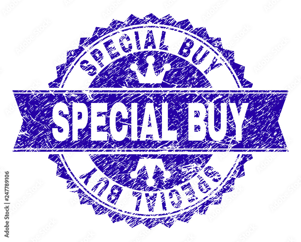 SPECIAL BUY rosette seal watermark with grunge texture. Designed with round rosette, ribbon and small crowns. Blue vector rubber print of SPECIAL BUY caption with grunge texture. SPECIAL BUY rosette seal watermark with grunge texture. Designed with round rosette, ribbon and small crowns. Blue vector rubber print of SPECIAL BUY caption with grunge texture.