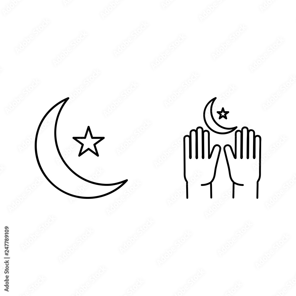 Crescent pray, Ramadan Kareem linear icons on white background Crescent pray, Ramadan Kareem linear icons on white background