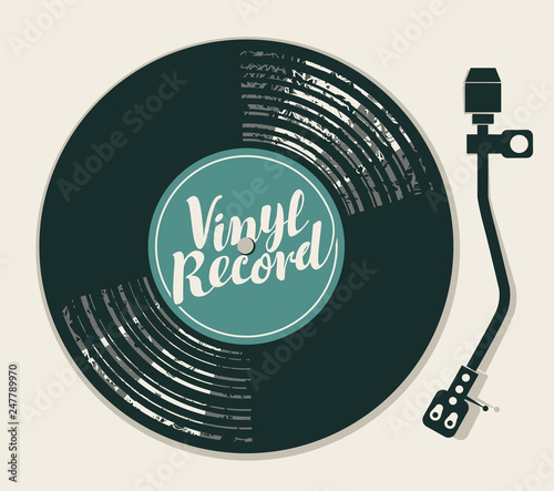 Vector poster or cover with vinyl record, record player and calligraphic lettering in retro style
