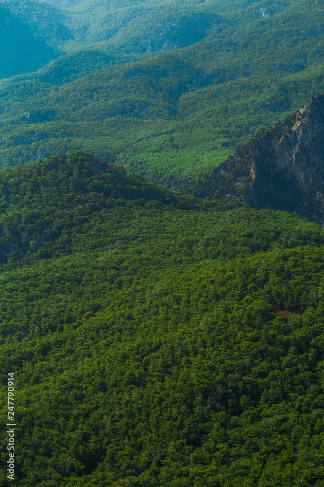Obraz premium Beautiful sunny aerial view of Turkish landscape. Picturesque green foggy mountains. Charming nature background. Vertical color photography.