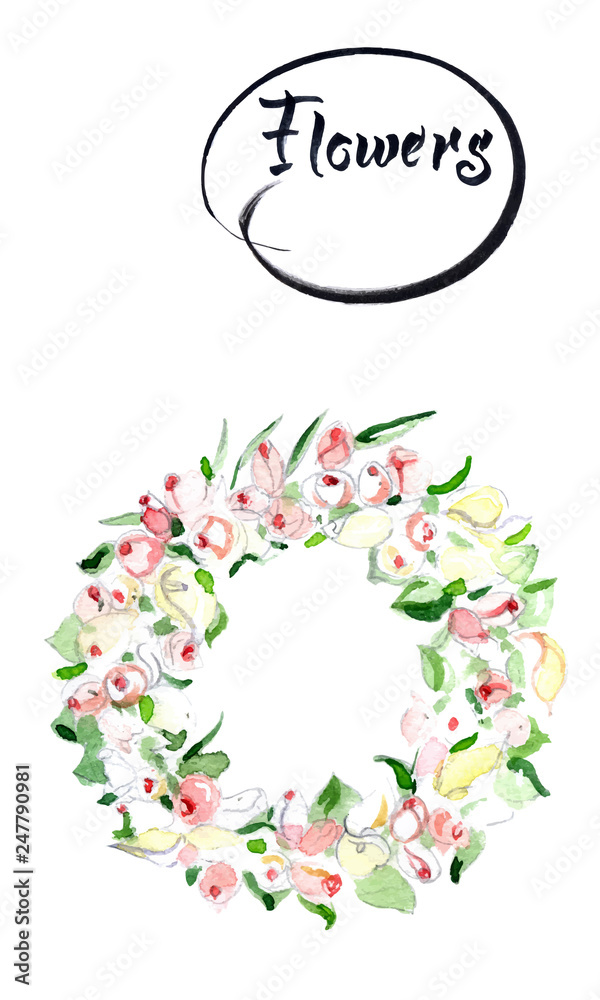 Rose flower wreath. Floral circle border (frame). Design for invitation, wedding or greeting cards