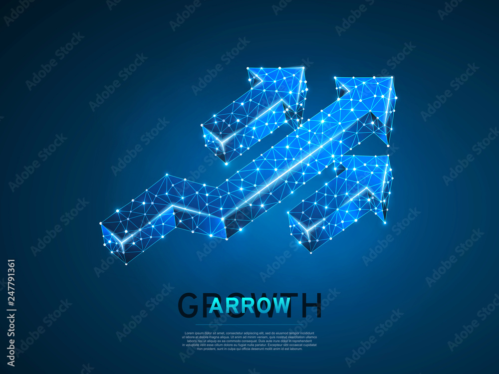 Arrow growth, success, team work sign. Three arrow goes up wireframe digital 3d illustration. Low poly colaboration concept with lines, dots on blue background. Vector neon polygonal RGB color Arrow growth, success, team work sign. Three arrow goes up wireframe digital 3d illustration. Low poly colaboration concept with lines, dots on blue background. Vector neon polygonal RGB color