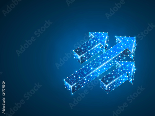 Arrow growth, success, team work sign. Three arrow goes up wireframe digital 3d illustration. Low poly colaboration concept with lines, dots on blue background. Raster neon polygonal RGB color