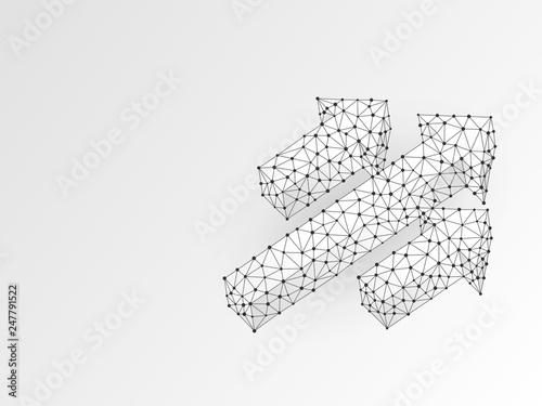 Arrow growth, success, team work sign. Three arrow goes up wireframe digital 3d illustration. Low poly colaboration concept with lines, dots on white background. Raster origami style polygonal RGB