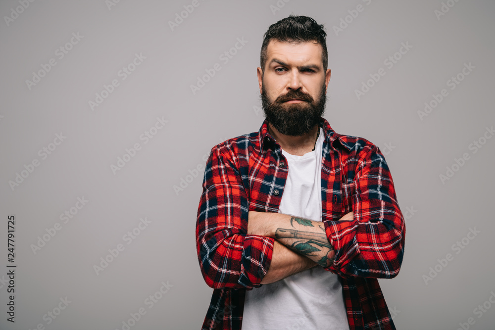 suspicious bearded man in checkered shirt with crossed arms isolated on grey suspicious bearded man in checkered shirt with crossed arms isolated on grey