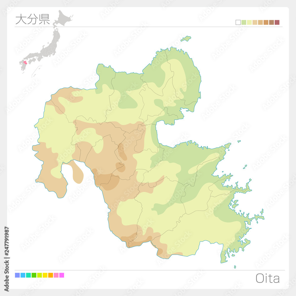 Naklejka premium 大分県の地図（等高線・色分け）