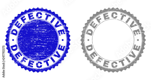 Grunge DEFECTIVE stamp seals isolated on a white background. Rosette seals with distress texture in blue and grey colors. Vector rubber stamp imprint of DEFECTIVE label inside round rosette.