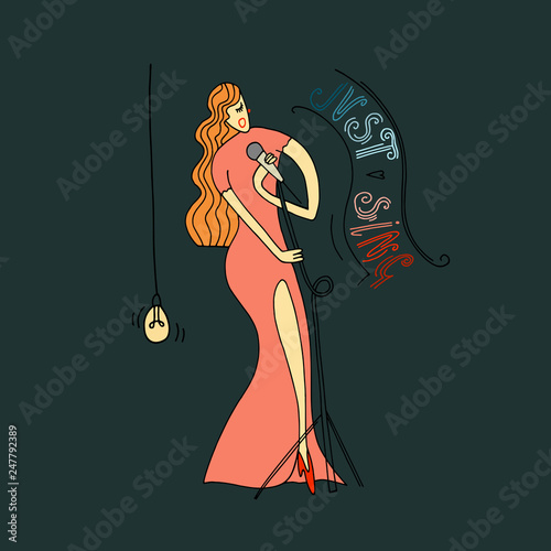 Vector illustration. Doodle sketch. Singing women in red dress. Live music entertainment.