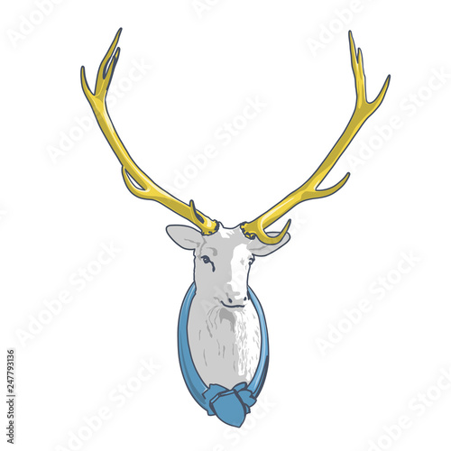 Outlined mounted head of deer. Blue yellow stuffed stag with monumental antlers. Hunting antique trophy. Taxidermy of deer´s head hung on white. Flatten illustration master vector