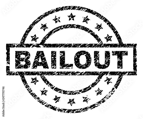 BAILOUT stamp seal watermark with distress style. Designed with rectangle, circles and stars. Black vector rubber print of BAILOUT tag with scratched texture.