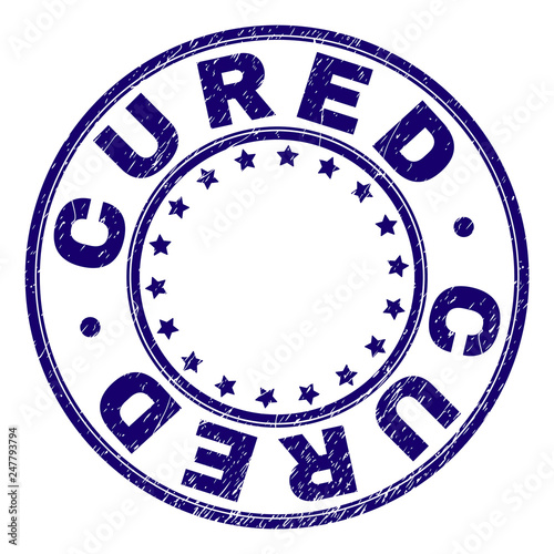 CURED stamp seal imprint with grunge texture. Designed with circles and stars. Blue vector rubber print of CURED text with grunge texture.