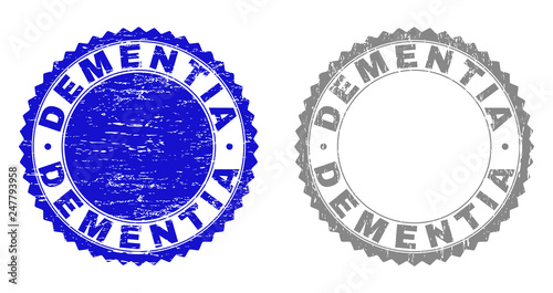 Grunge DEMENTIA stamp seals isolated on a white background. Rosette seals with grunge texture in blue and gray colors. Vector rubber stamp imprint of DEMENTIA label inside round rosette.