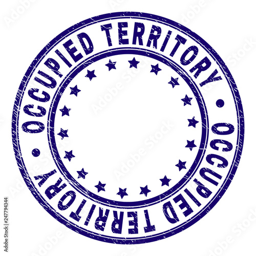 OCCUPIED TERRITORY stamp seal imprint with distress texture. Designed with circles and stars. Blue vector rubber print of OCCUPIED TERRITORY title with grunge texture.