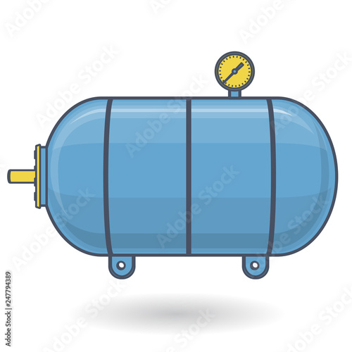 Outlined pressure vessel for water, gas, air. Blue yellow pressure tank for storage of material, water. Valves, measuring unit, handles. Flatten icon vector reservoir illustration