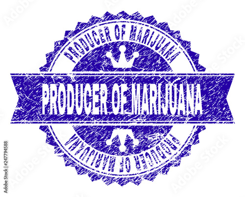 PRODUCER OF MARIJUANA rosette stamp watermark with distress style. Designed with round rosette, ribbon and small crowns. Blue vector rubber watermark of PRODUCER OF MARIJUANA text with grunge style.