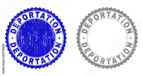 Grunge DEPORTATION stamp seals isolated on a white background. Rosette seals with grunge texture in blue and gray colors. Vector rubber stamp imitation of DEPORTATION caption inside round rosette.