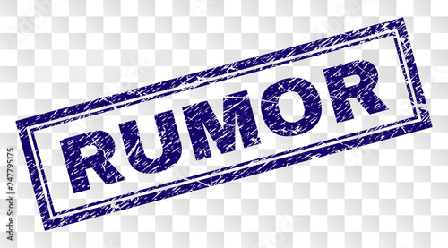 RUMOR stamp seal print with corroded style and double framed rectangle shape. Stamp is placed on a transparent background. Blue vector rubber print of RUMOR text with corroded texture.