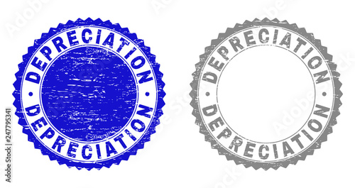 Grunge DEPRECIATION stamp seals isolated on a white background. Rosette seals with grunge texture in blue and grey colors. Vector rubber stamp imprint of DEPRECIATION text inside round rosette.