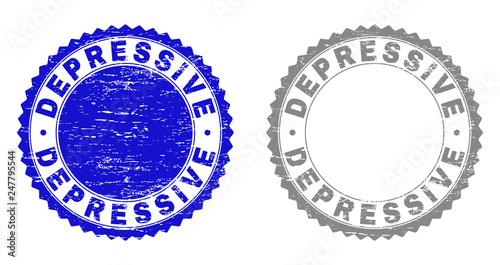 Grunge DEPRESSIVE stamp seals isolated on a white background. Rosette seals with grunge texture in blue and gray colors. Vector rubber stamp imitation of DEPRESSIVE text inside round rosette.