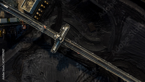 Coal storage and bulldozer, Aerial view coal mining industry. photo